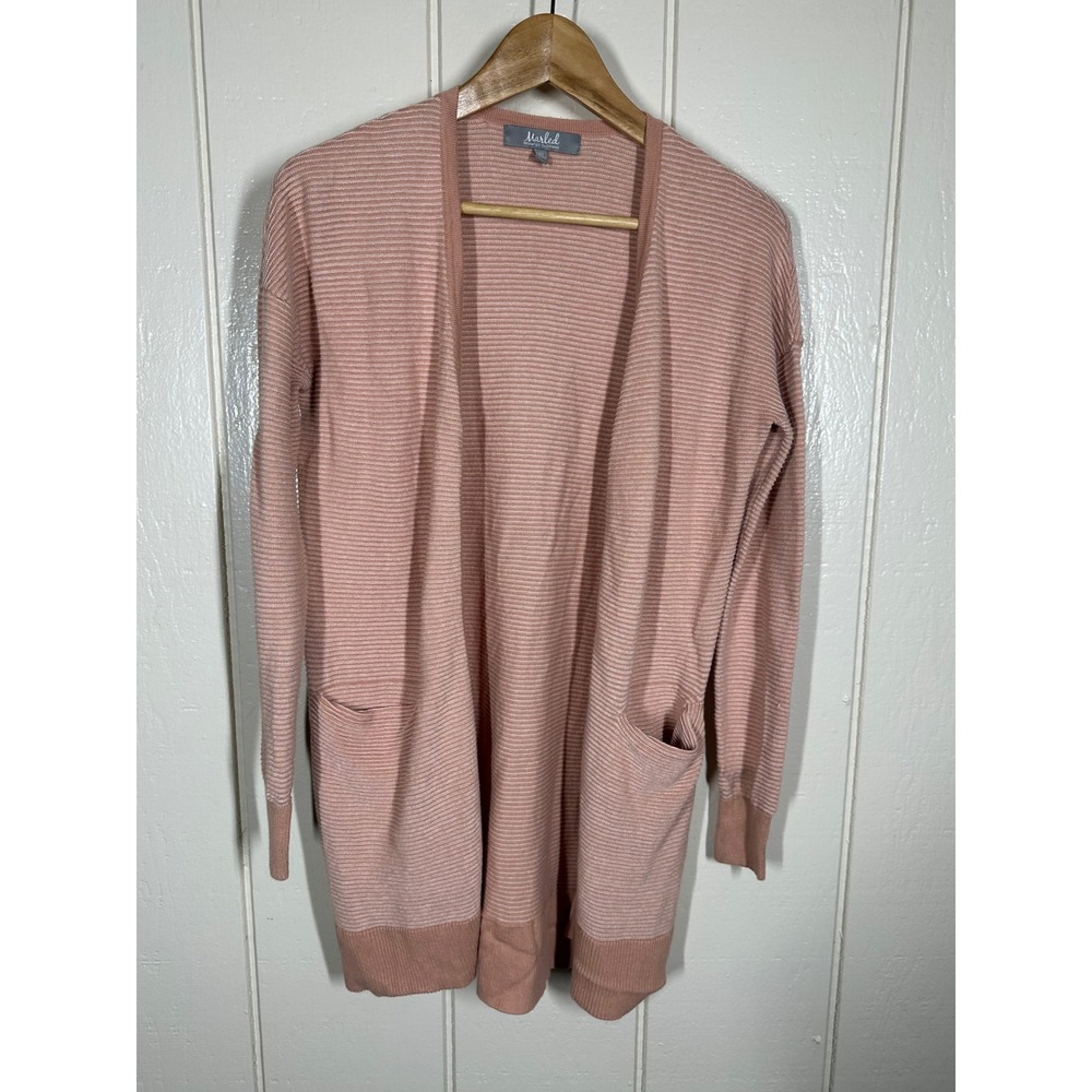 Marled Cardigan Womens XS Pink Reunited Clothing Open Front Ribbed Knit Pockets